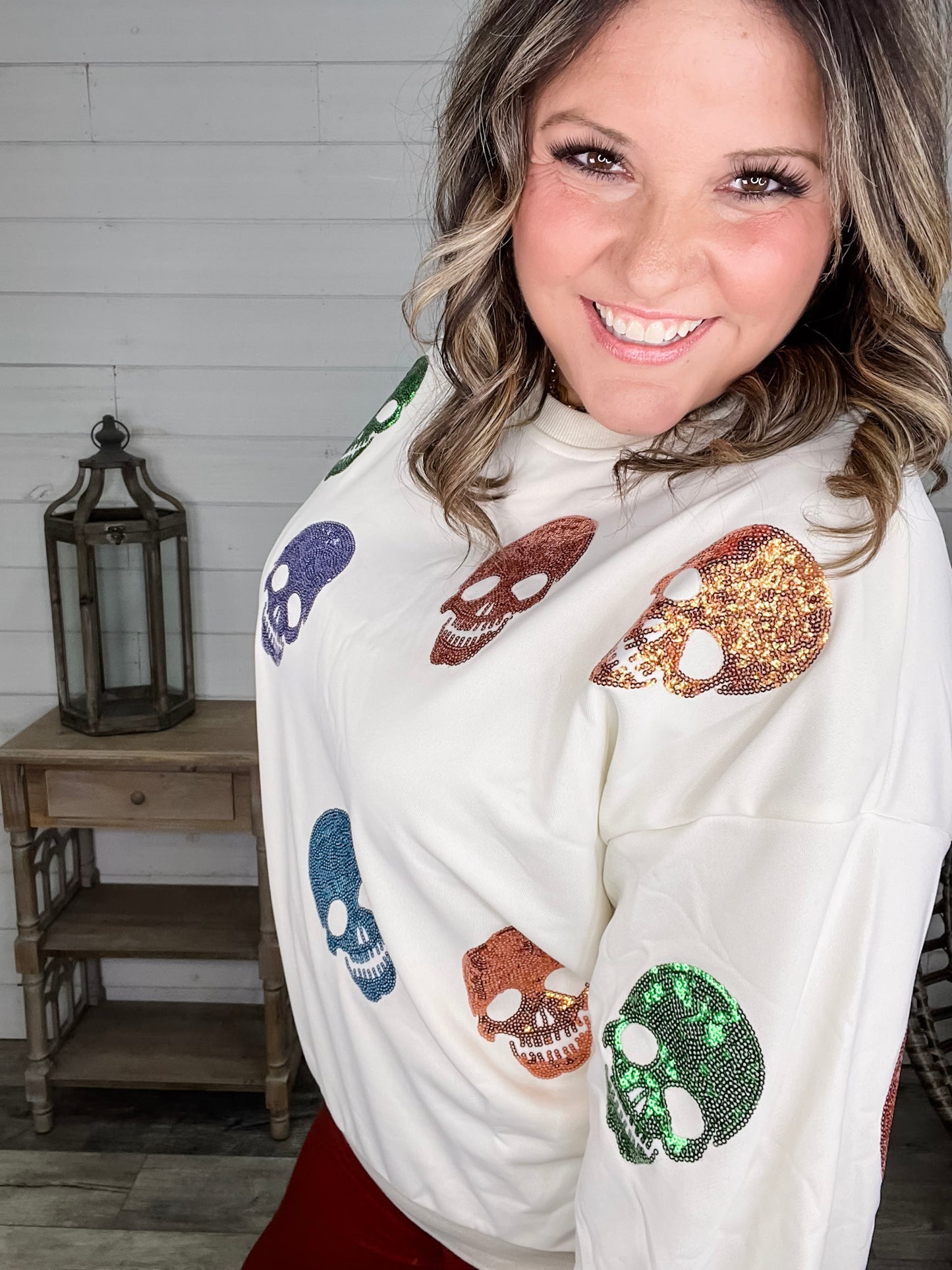 Sequin Skull Crewneck Long Sleeve