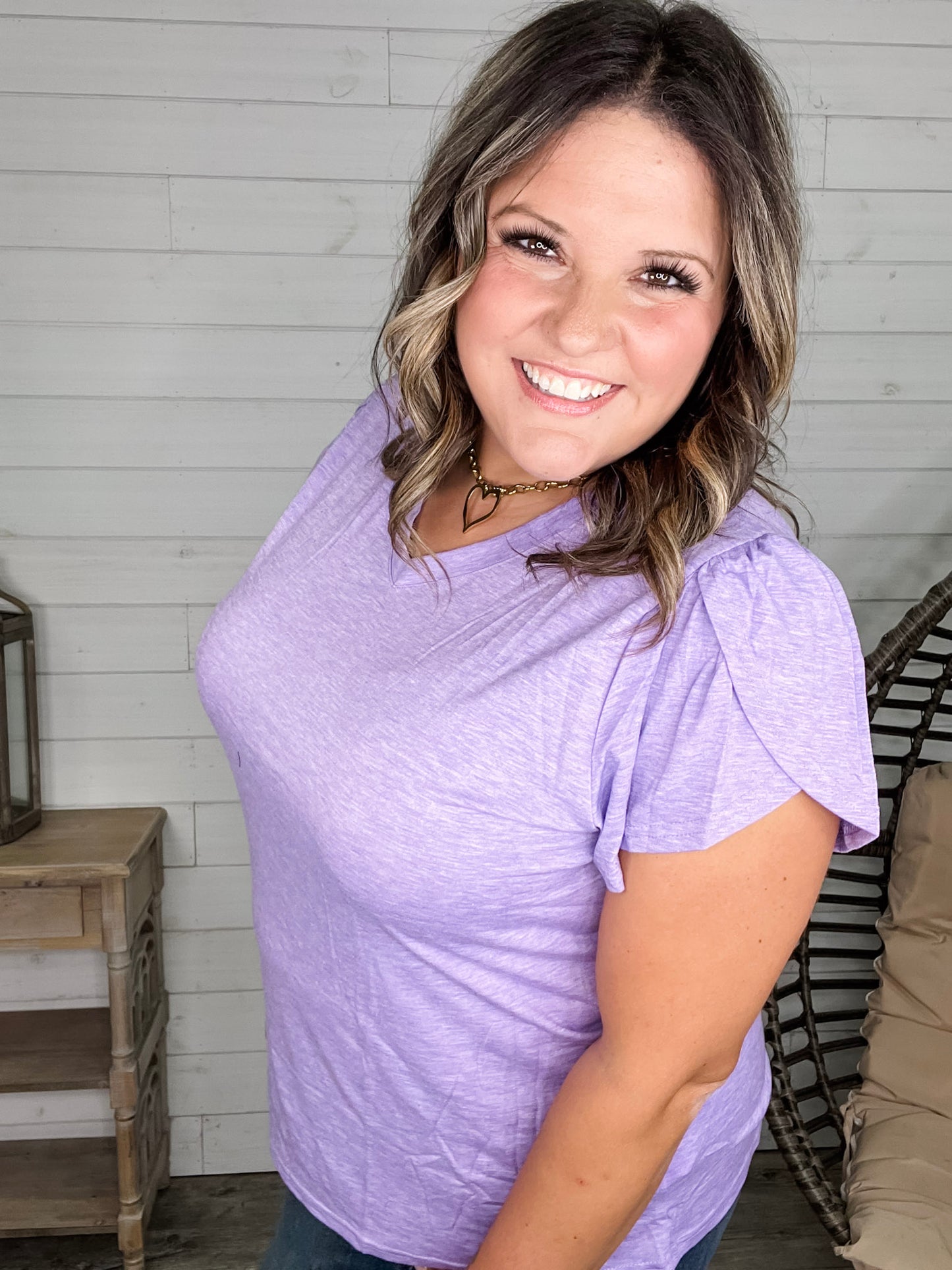 "Just The Beginning Chapter Two" Solid Tulip Sleeve V Neck (Lavender)