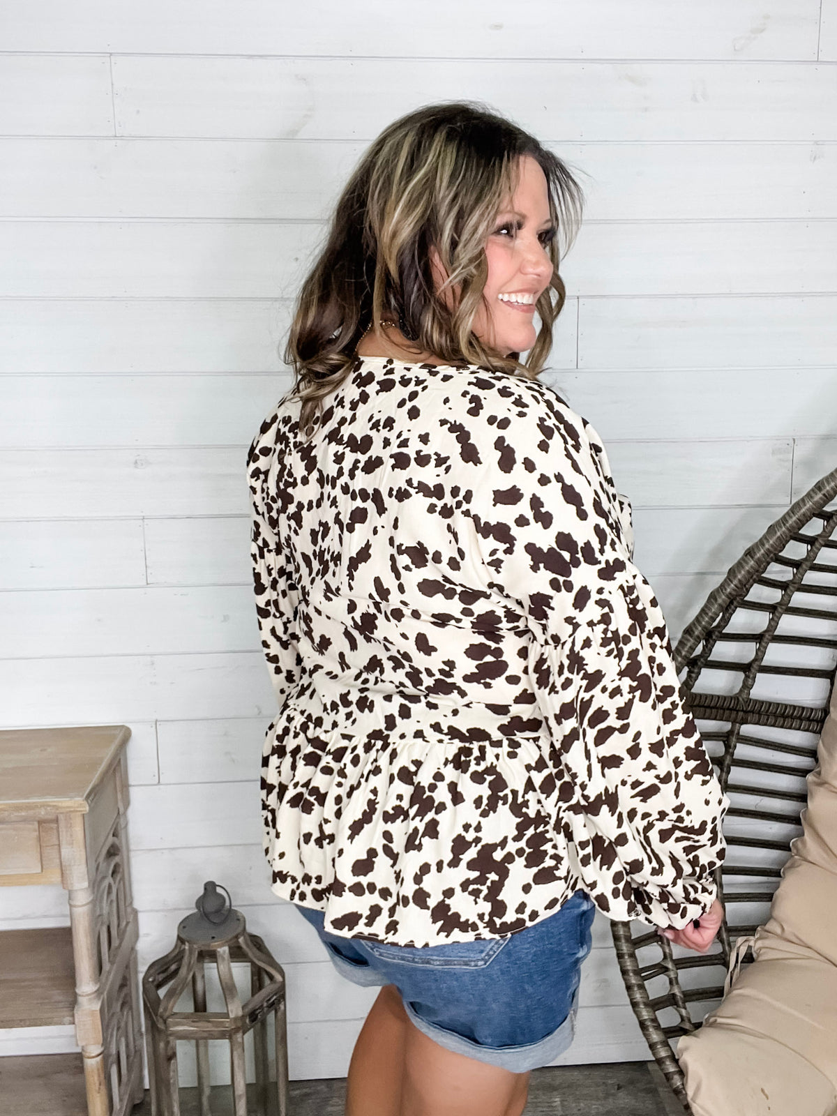 "Pasture" Animal Print Bubble Long Sleeve Peplum Top