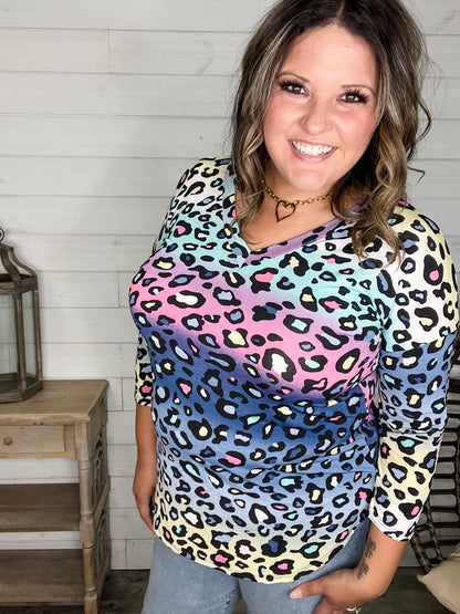 "Couldn't Help It" Animal Print 3/4 Sleeve V Neck