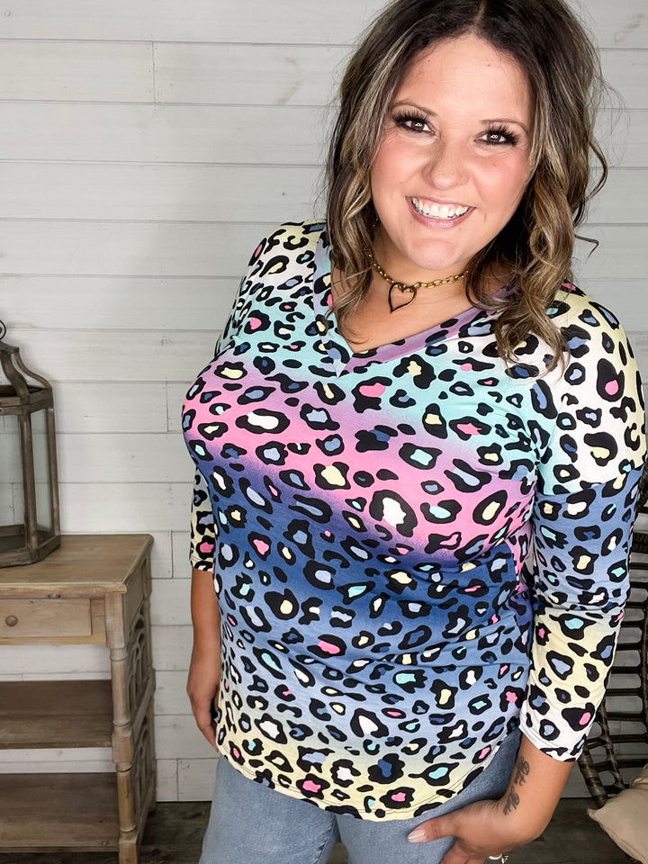 "Couldn't Help It" Animal Print 3/4 Sleeve V Neck
