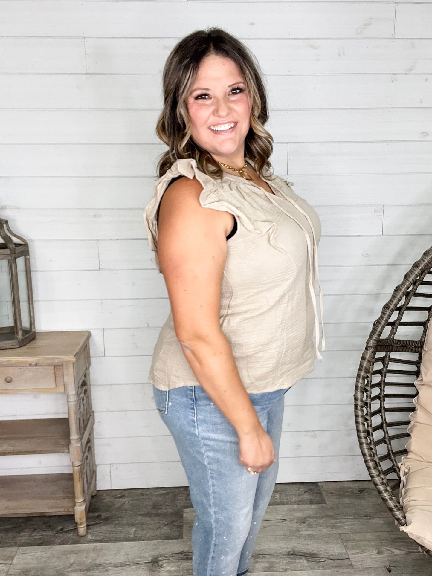 "Wheatland" Ruffle Cap V Neck with Tie Detail (Taupe)