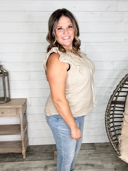 "Wheatland" Ruffle Cap V Neck with Tie Detail (Taupe)