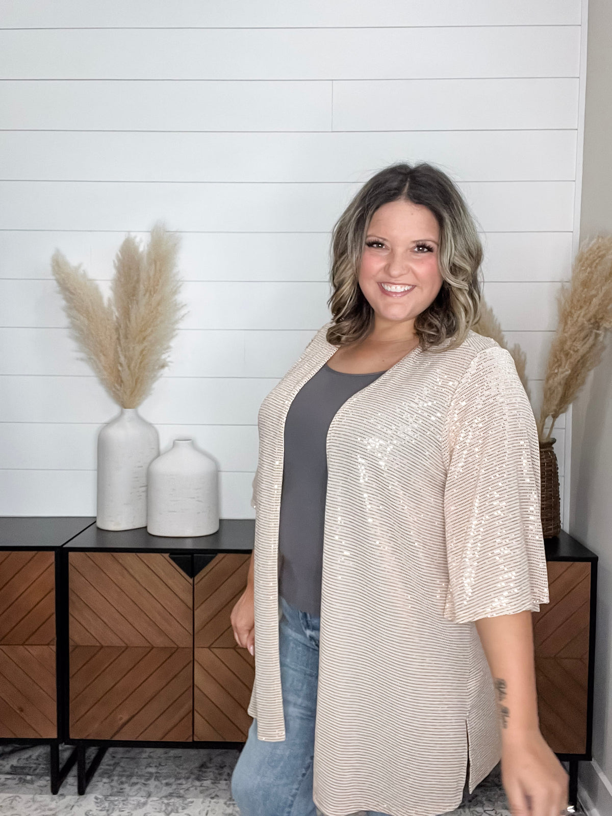Dear Scarlett "Roosevelt" Short Sleeve Sparkle Cardigan with Double Ruffle Sleeve (Champagne)