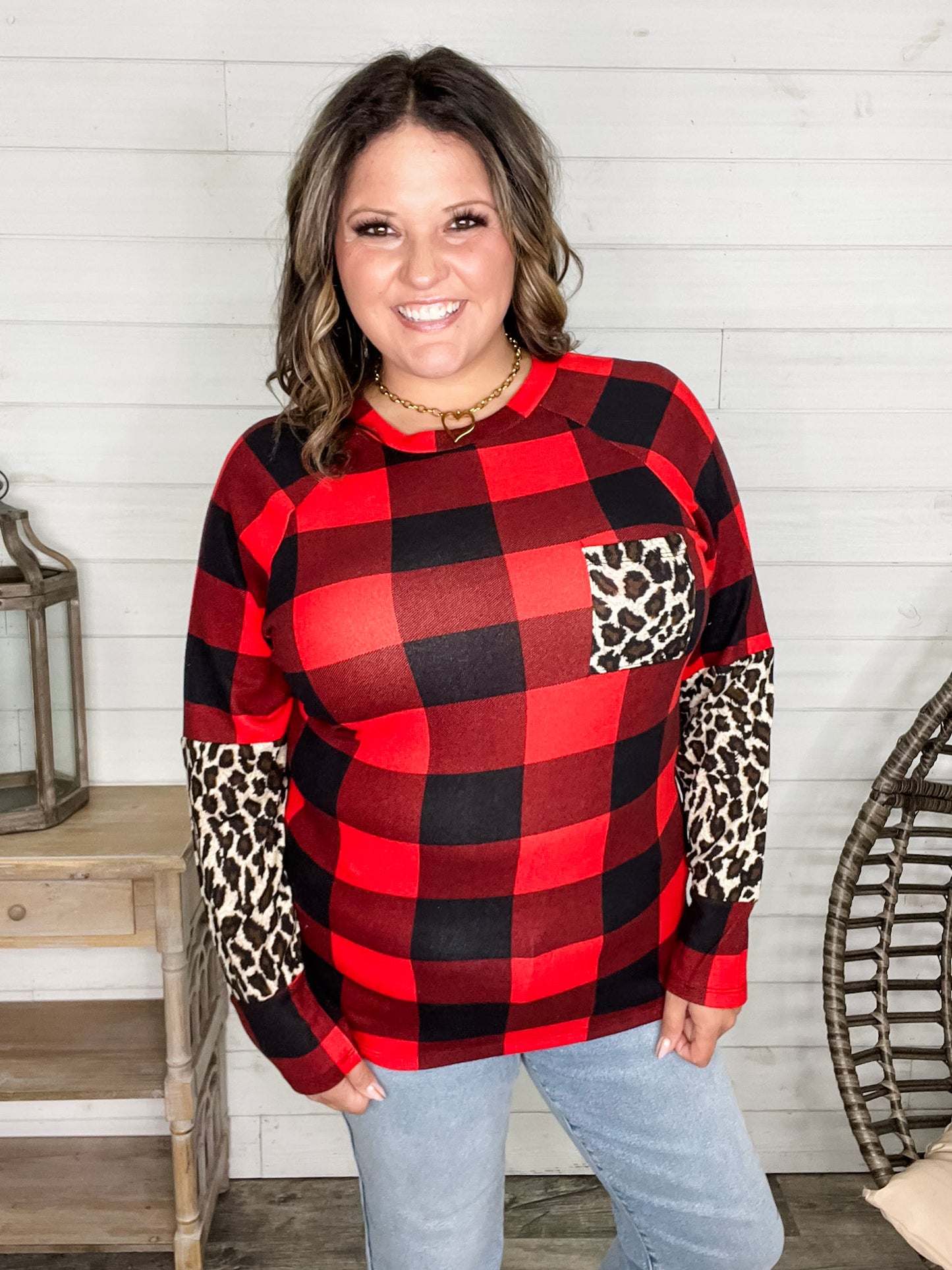 "Bianca" Long Sleeve Buffalo Plaid with Animal Accent Pocket and Sleeve