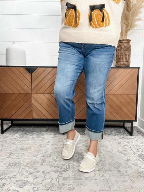 Mica Denim "Jerry" Medium Wash Straight Leg Cuffed Jeans