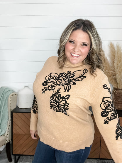 "About That" Long Sleeve Sweater with Floral Applique