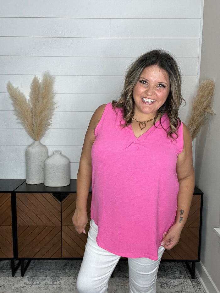 "Swanton" Deep V Tank with Front Pleat (Hot Pink)