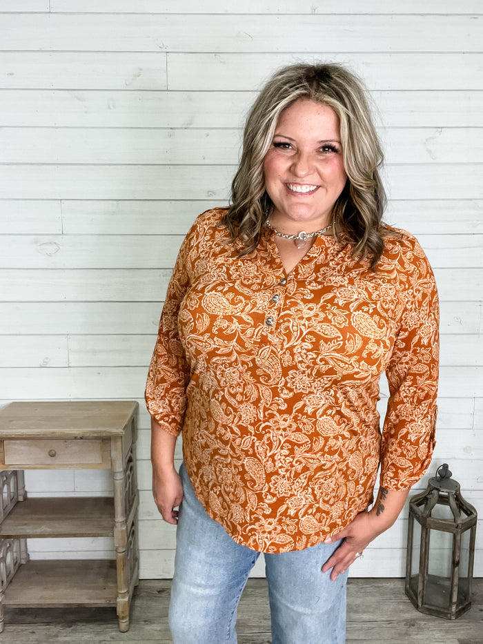 "Rhombus" 3/4 Sleeve Button Front Lizzy Luxe
