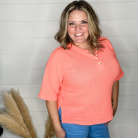 "Honey Bee" Short Sleeve Faux Button Detail Waffle Texture Tops (Neon Coral)