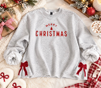 JOCOink "Merry Christmas with side bows" sweatshirt - embroidered bow, raw cut hem (view 4) | Lola Monroe Boutique