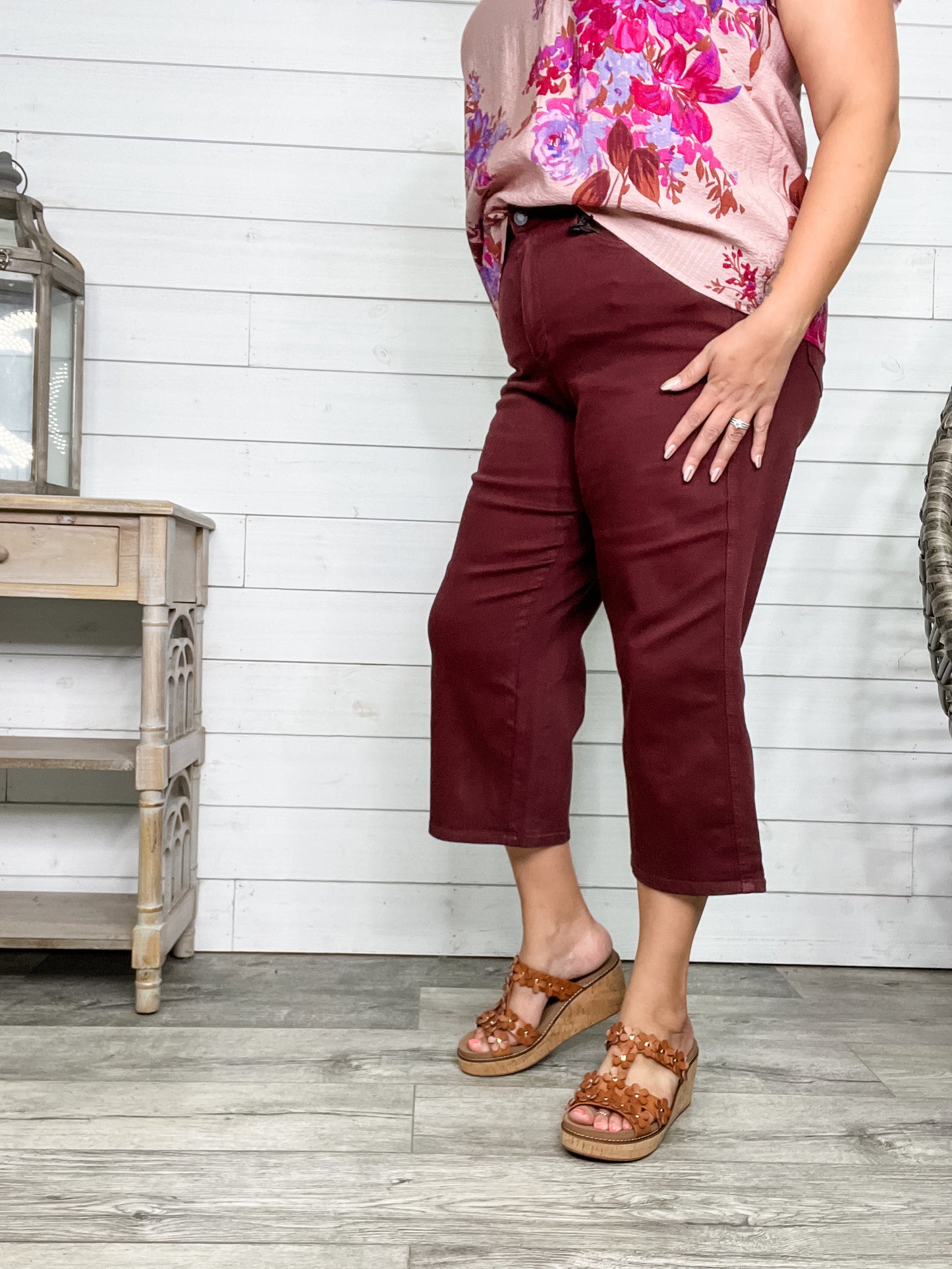 Judy Blue "Paul Bunyan" Tummy Control Oxblood Wide Leg Crops