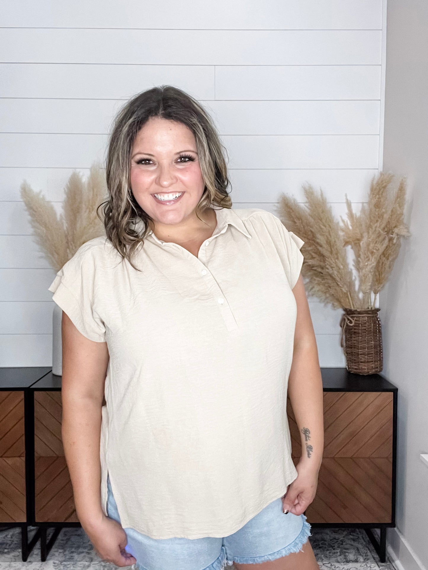 "Bailee" Collared Cap Sleeve Blouse with Front Buttons (Taupe)