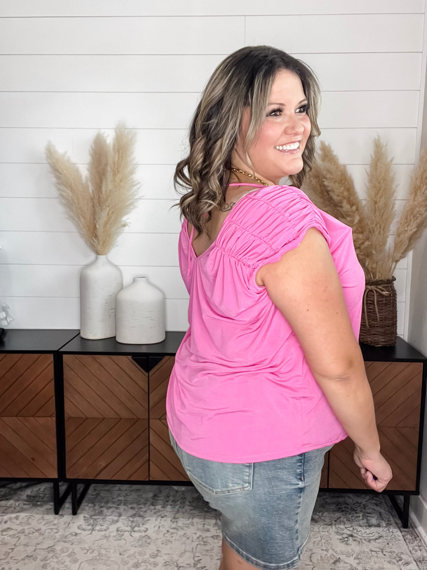 "Ward" Ruched Shoulder with Back Tie Detail Tank (Magenta)