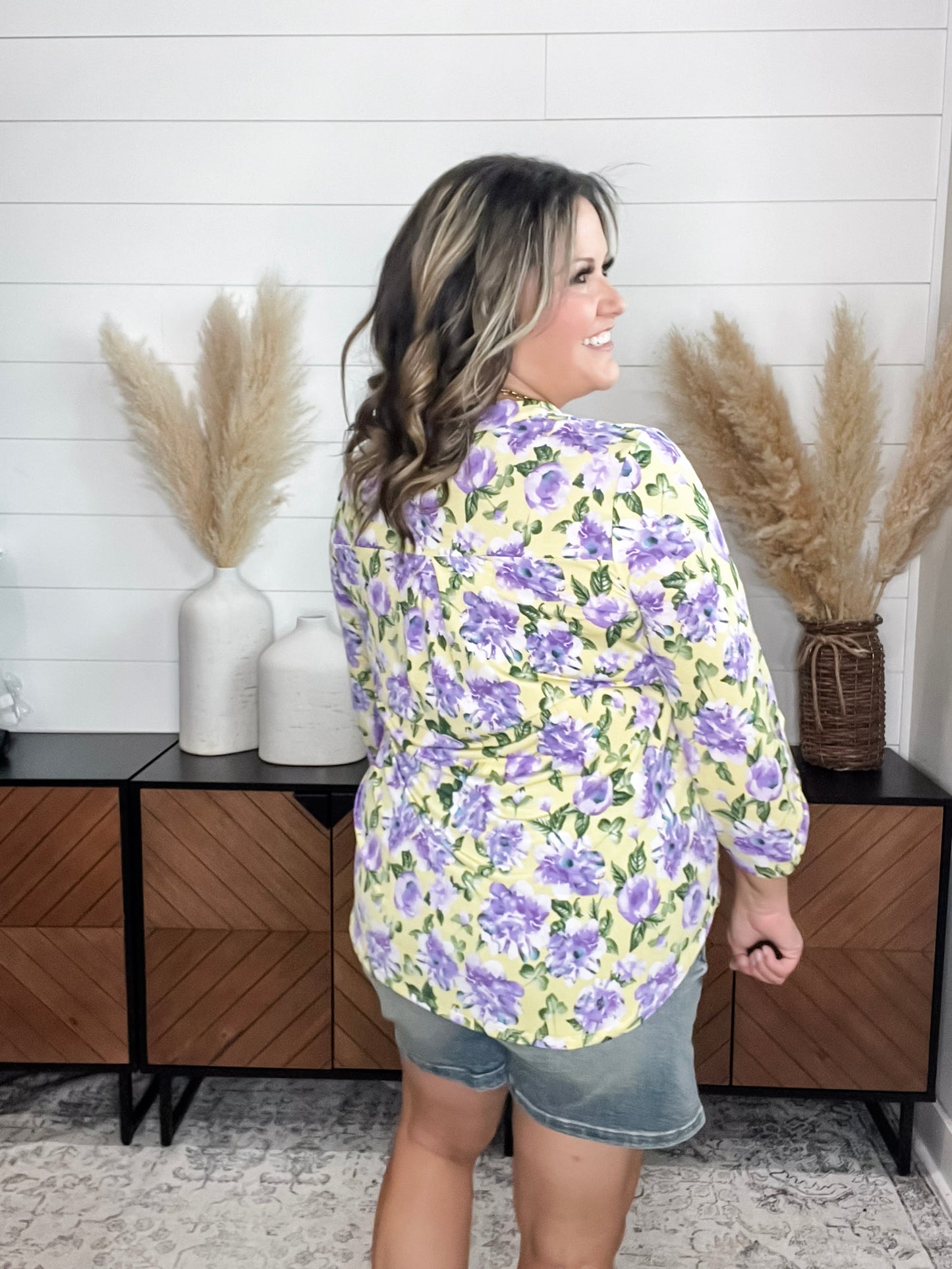 "Stealthy" Floral 3/4 Sleeve Split Neck Tops