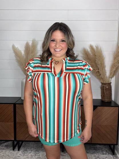 "Sundowner" V Neck with Ruffle Sleeve