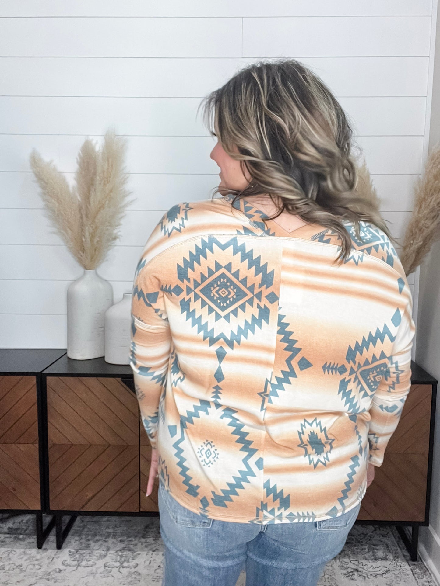 "Cross That Bridge" V Neck and Back Design Aztec Print (Dark Peach)
