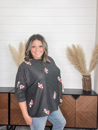 Dear Scarlett "Deceptive" Floral Embroidered Short Sleeve Dolman with Cuff and Collar (Black)