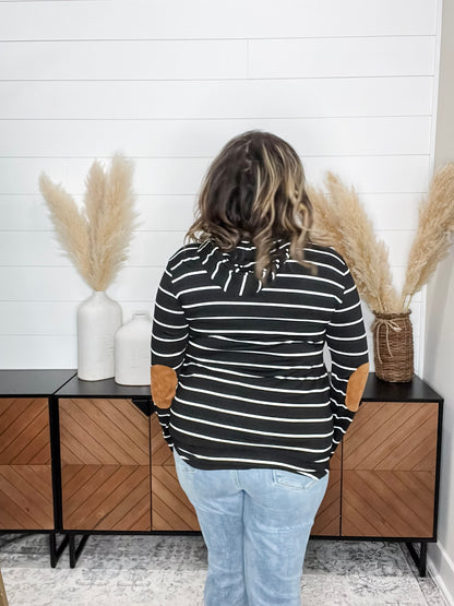 "Libby" Striped Hoodie with Faux Suede Elbow Patches