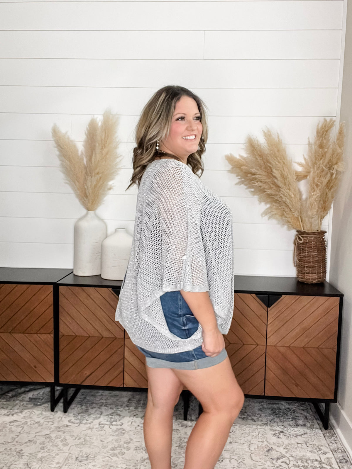 "Added Touch" Loose Knit Cover Up Top (Silver)