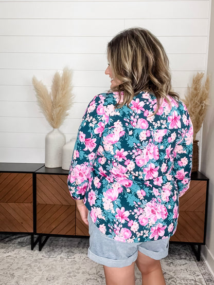 "Bystander" Floral Lizzy 3/4 Sleeve Split Neck