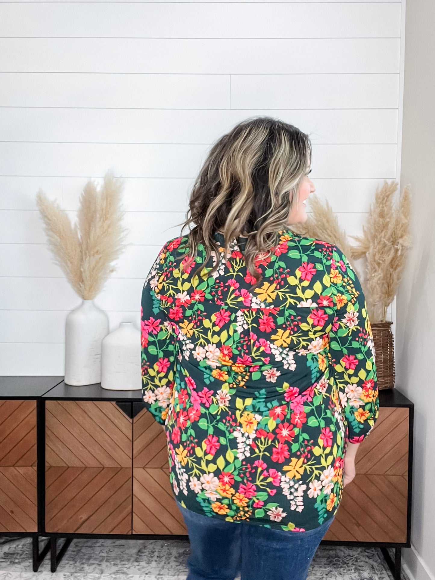 "Clayton" Floral Lizzy 3/4 Sleeve Split Neck