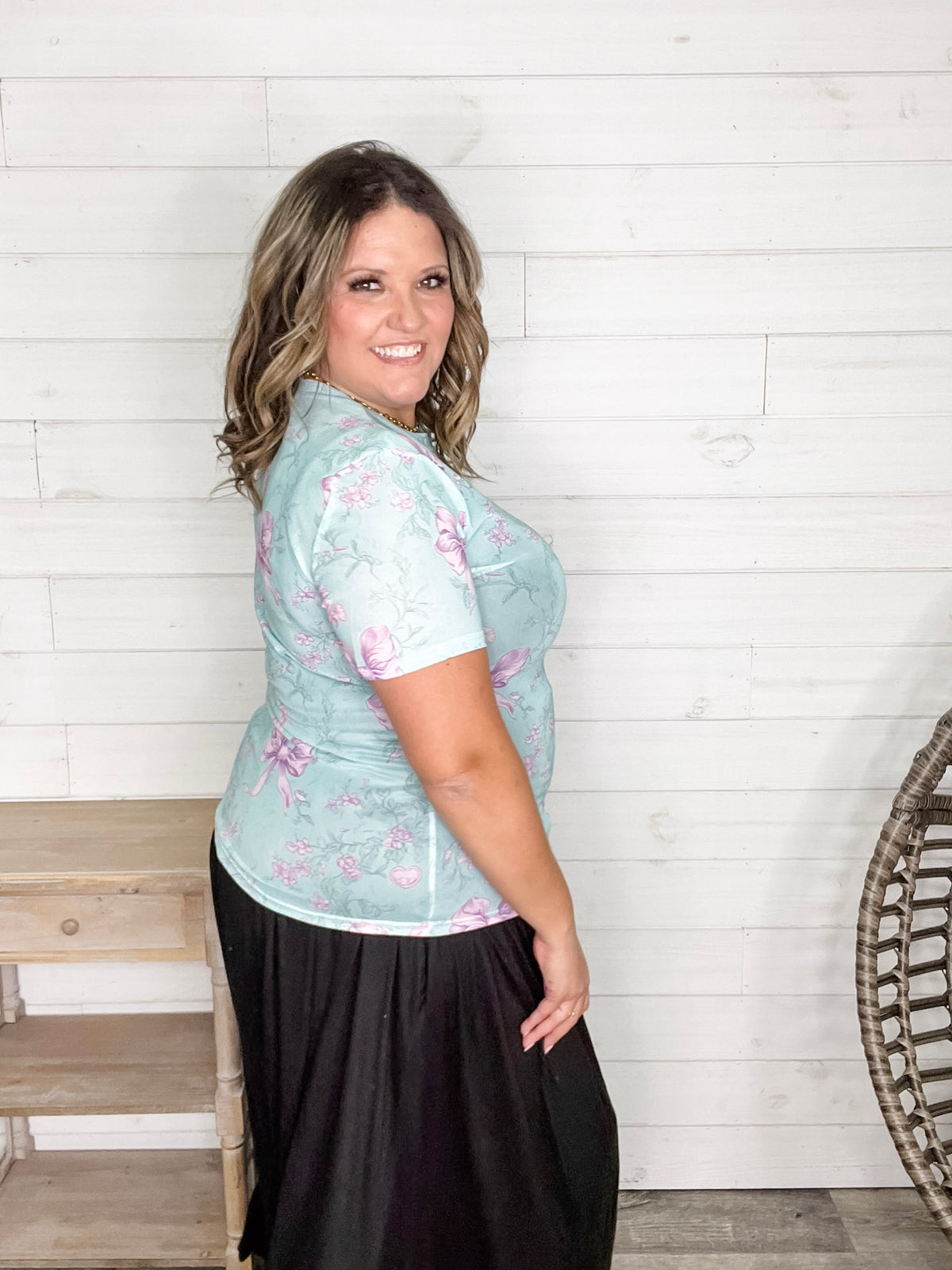 Shirley and Stone "Lavender Bows" Short Sleeve Mesh Top