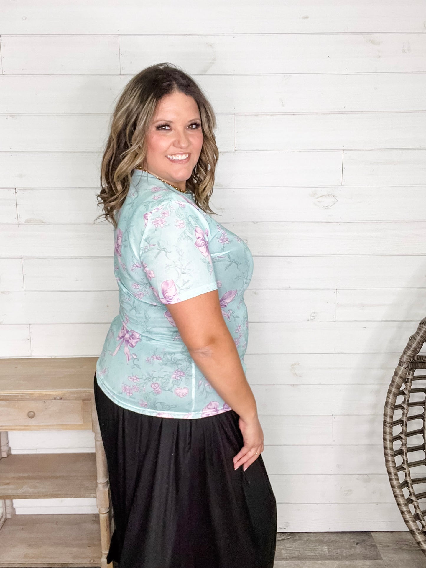 Shirley & Stone "Lavender Bows" Short Sleeve Mesh Top