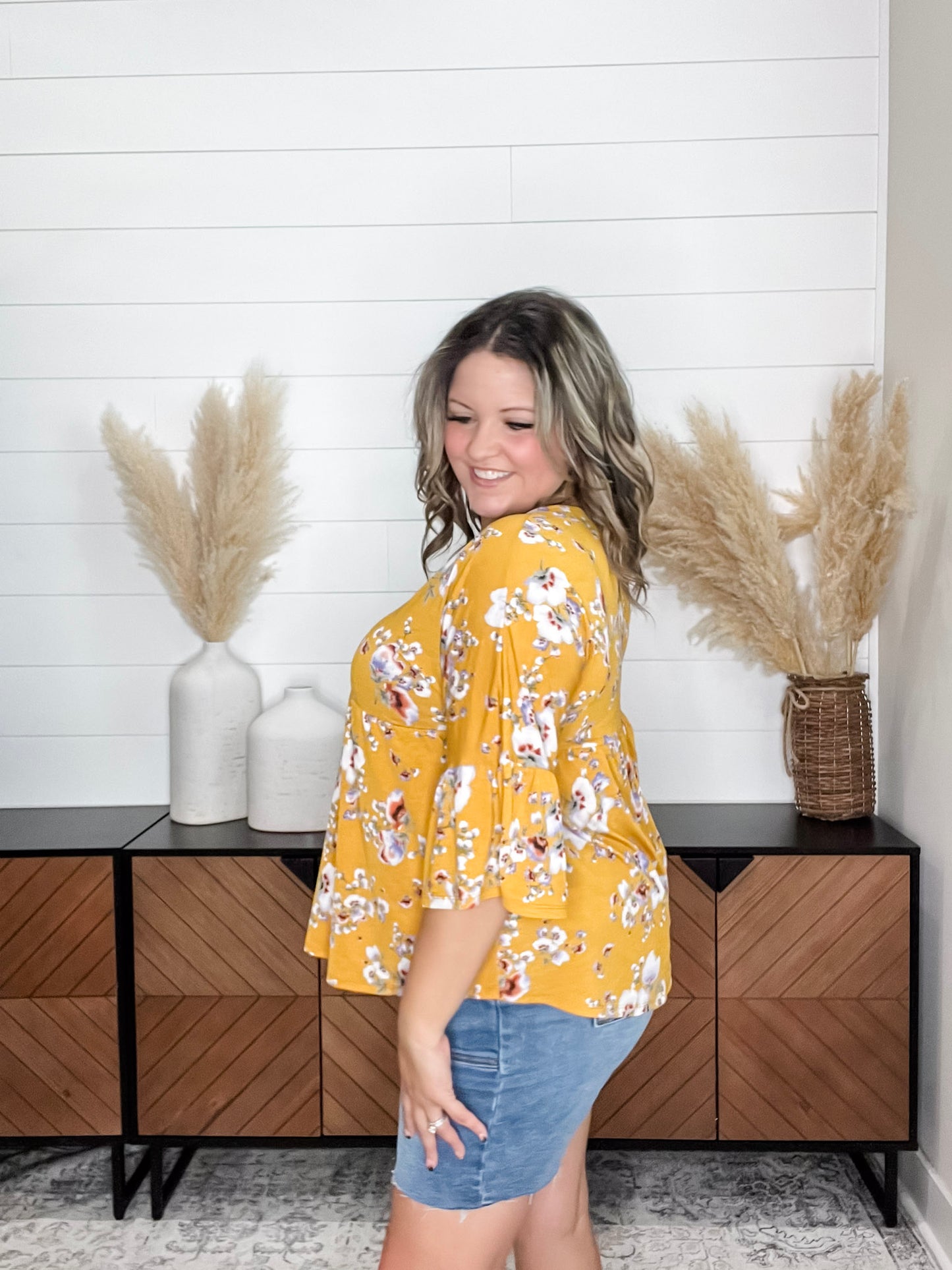 "About Face" Floral 3/4 Ruffle Sleeve Babydoll