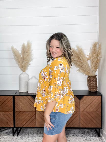 "About Face" Floral 3/4 Ruffle Sleeve Babydoll