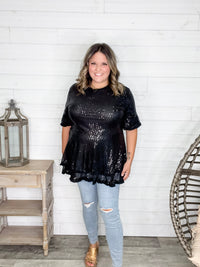 "Caught A Glimpse" Sequined Ruffle Hem and Sleeve (Black)