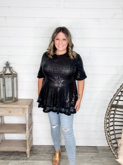 "Caught A Glimpse" Sequined Ruffle Hem and Sleeve (Black)