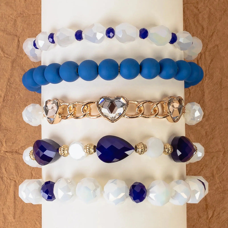5 Count Beaded Stacked Bracelets (Blue)-Lola Monroe Boutique