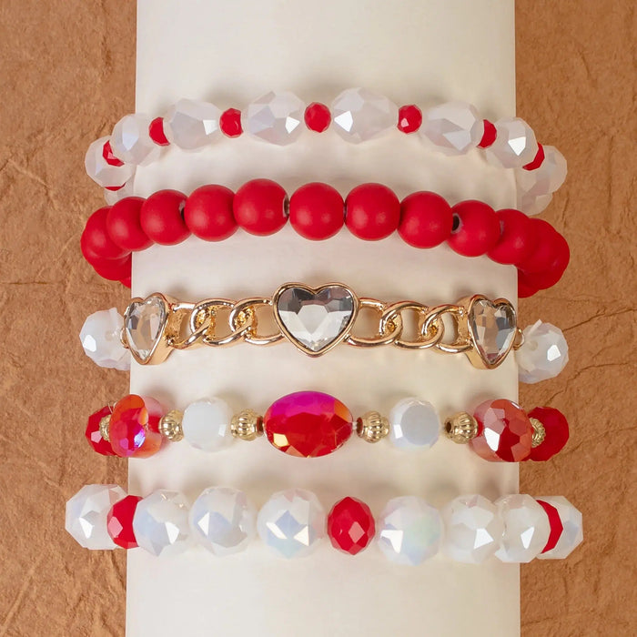 5 Count Beaded Stacked Bracelets (Red)-Lola Monroe Boutique