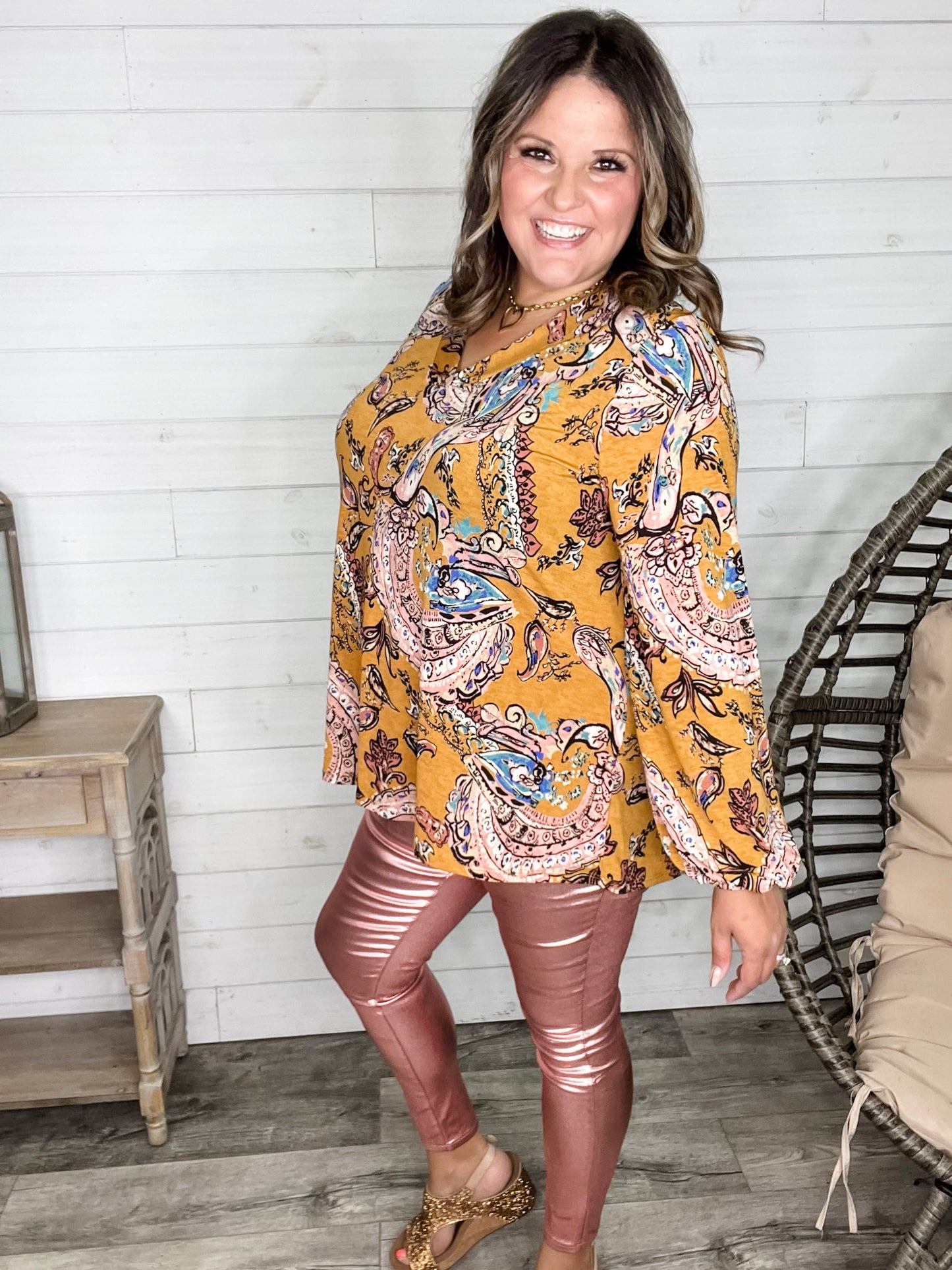 "Nova" Long Balloon Sleeve Paisley V Neck