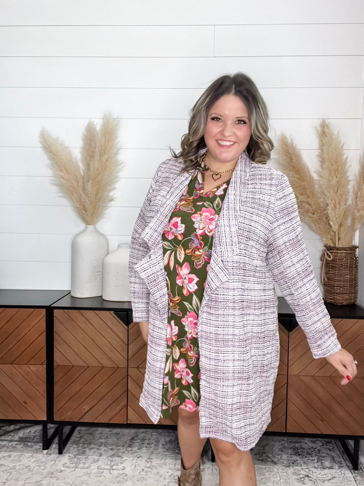 Dear Scarlett "Brixton" Tweed Open Front Blazer (Lavender/Ivory)