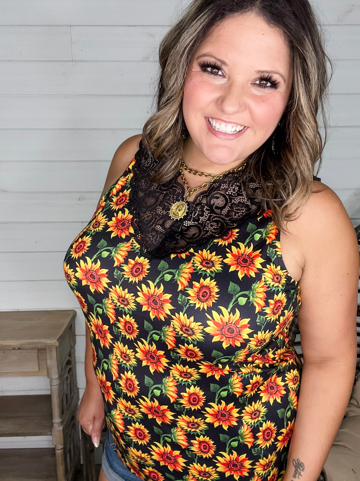 "I Am Happy" Sunflower Tank with Lace Detail