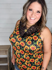 "I Am Happy" Sunflower Tank with Lace Detail