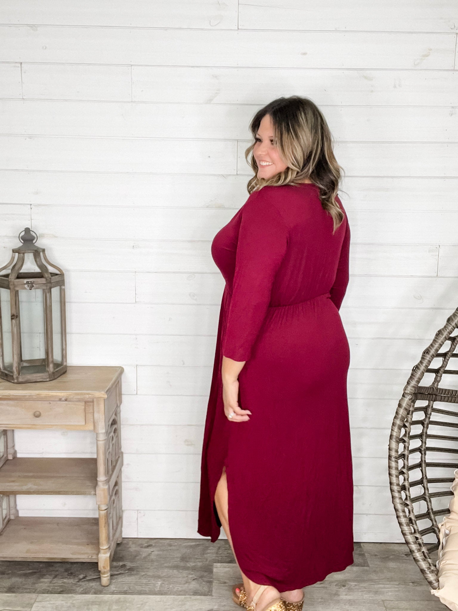 Solid 3/4 Sleeve Wrap Dress with Pockets (Burgundy) Solid 3/4 Sleeve Wrap Dress with Pockets (Burgundy)