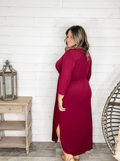 Solid 3/4 Sleeve Wrap Dress with Pockets (Burgundy)