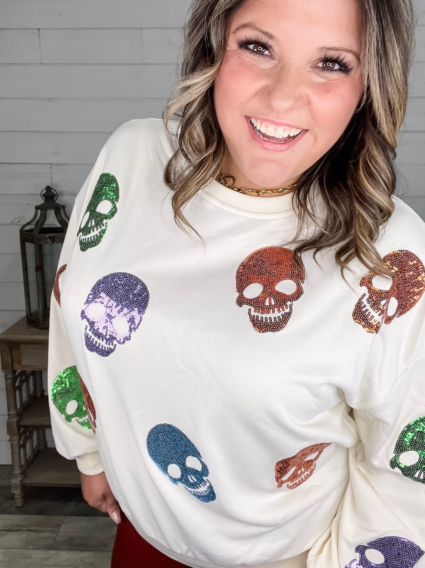 Sequin Skull Crewneck Long Sleeve