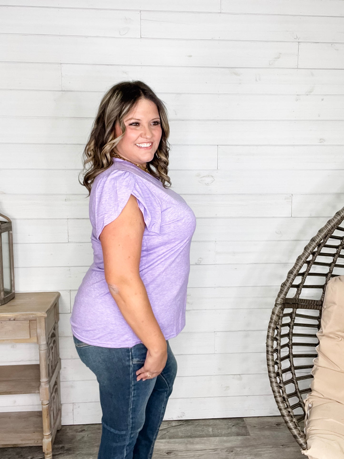 "Just The Beginning Chapter Two" Solid Tulip Sleeve V Neck (Lavender)