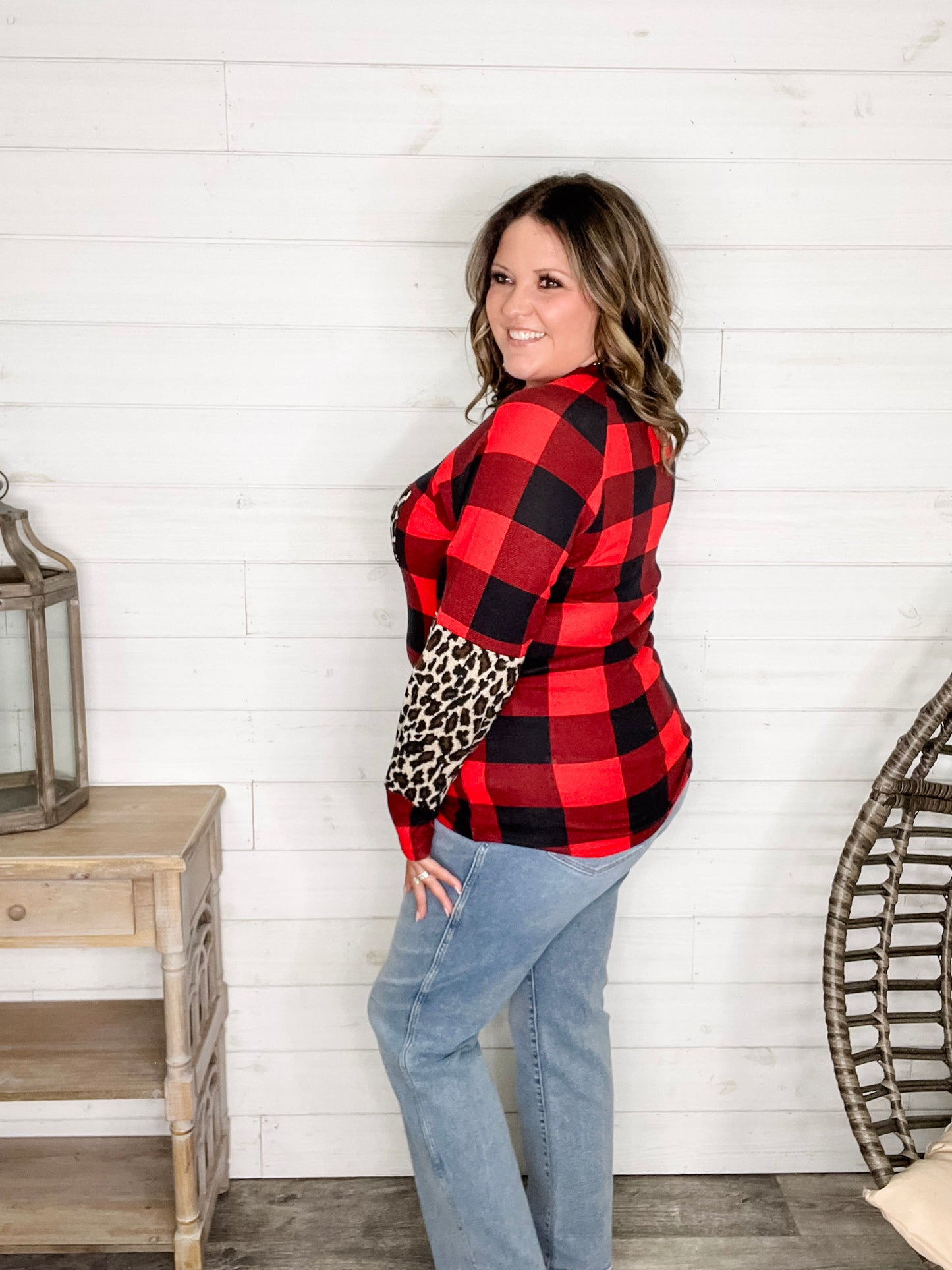 "Bianca" Long Sleeve Buffalo Plaid with Animal Accent Pocket and Sleeve