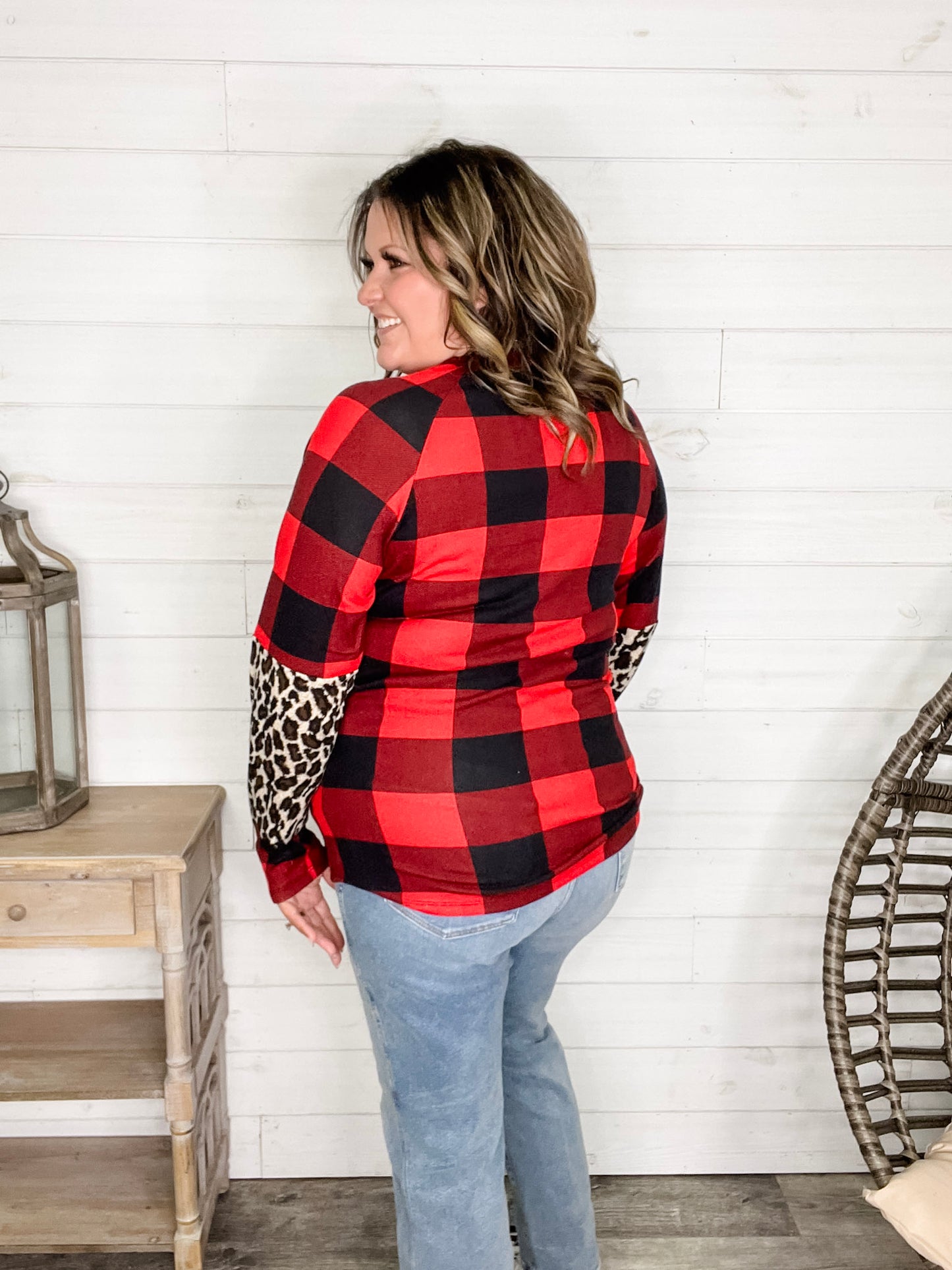 "Bianca" Long Sleeve Buffalo Plaid with Animal Accent Pocket and Sleeve