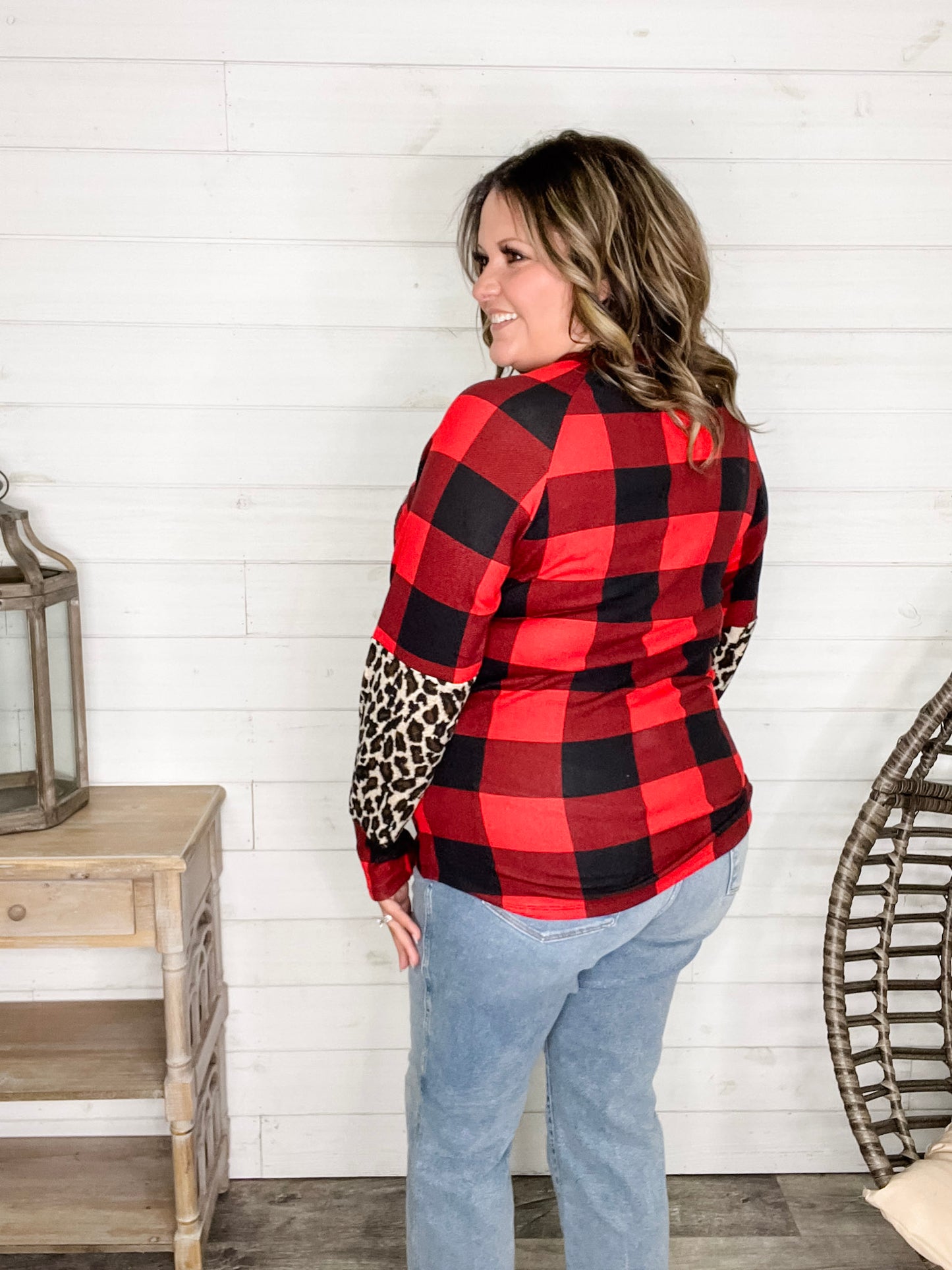 "Bianca" Long Sleeve Buffalo Plaid with Animal Accent Pocket and Sleeve