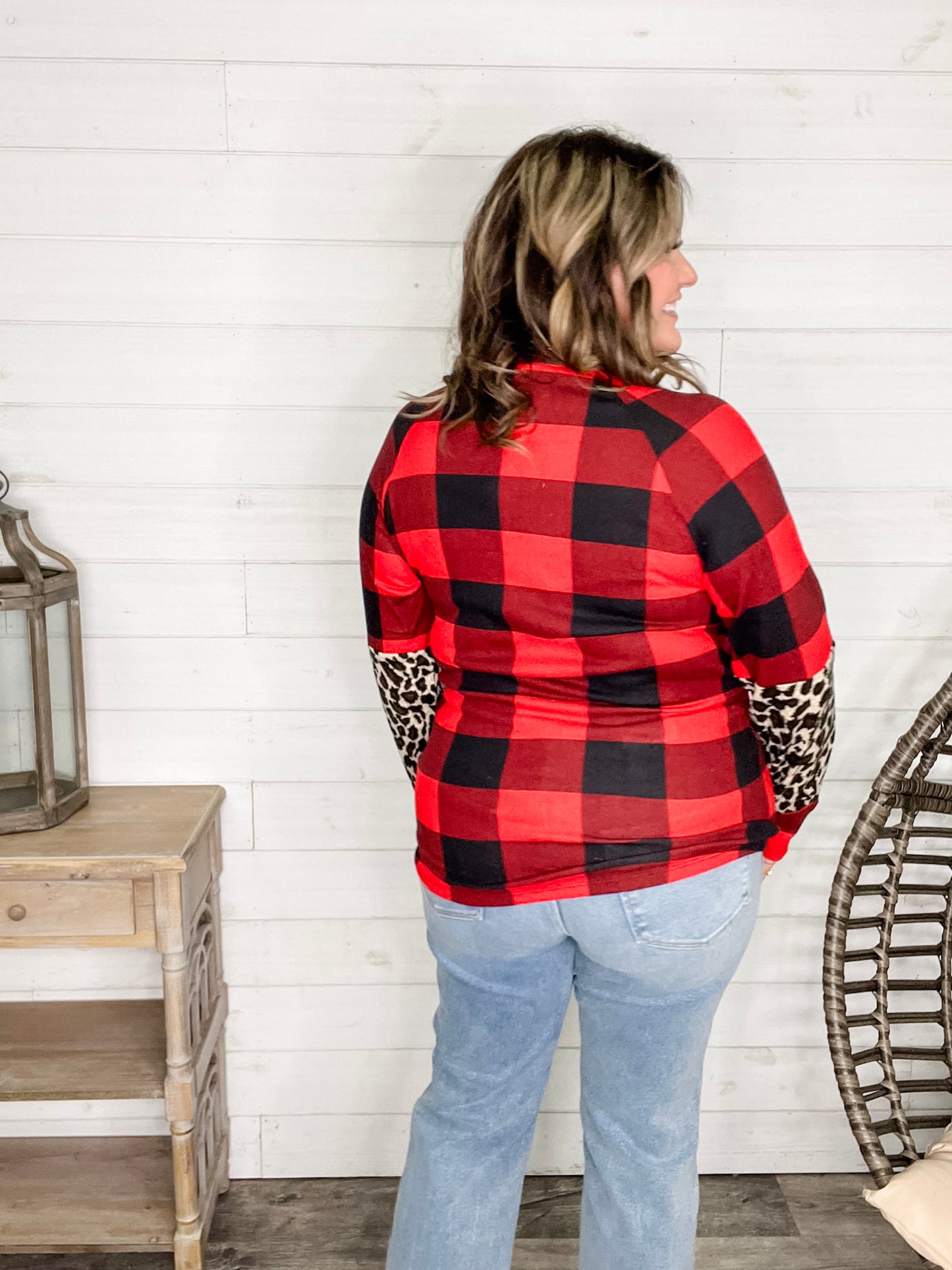 "Bianca" Long Sleeve Buffalo Plaid with Animal Accent Pocket and Sleeve