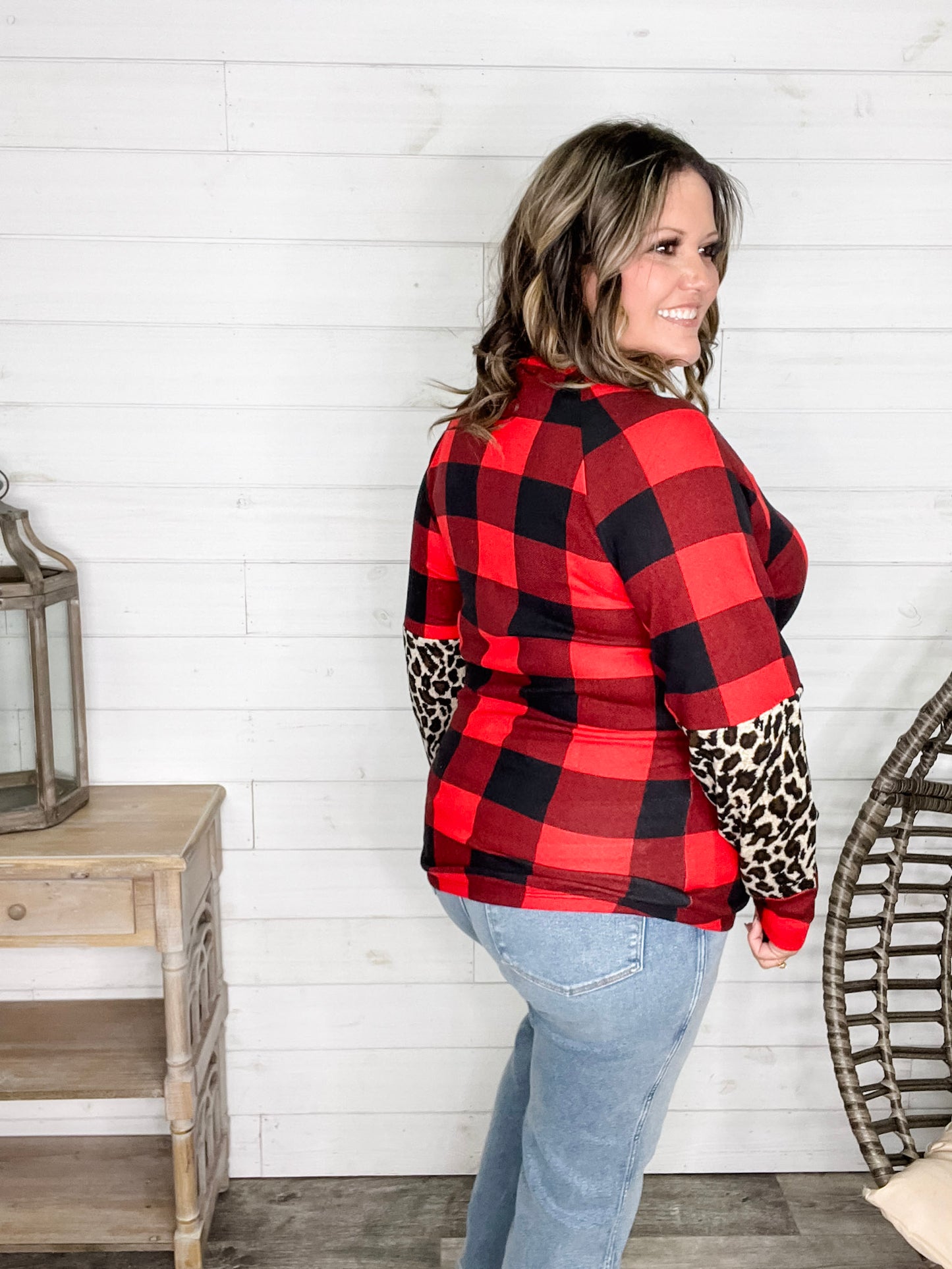 "Bianca" Long Sleeve Buffalo Plaid with Animal Accent Pocket and Sleeve