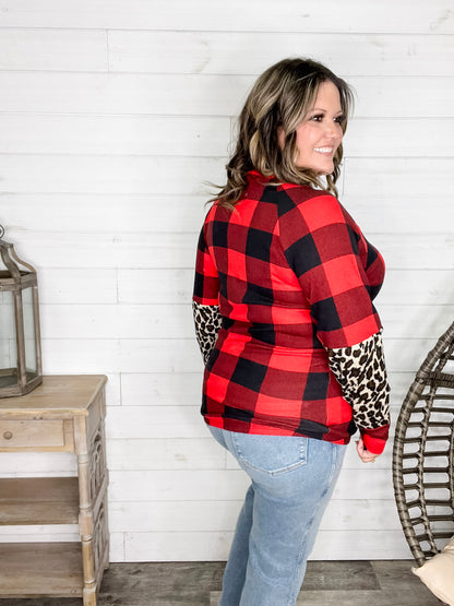 "Bianca" Long Sleeve Buffalo Plaid with Animal Accent Pocket and Sleeve