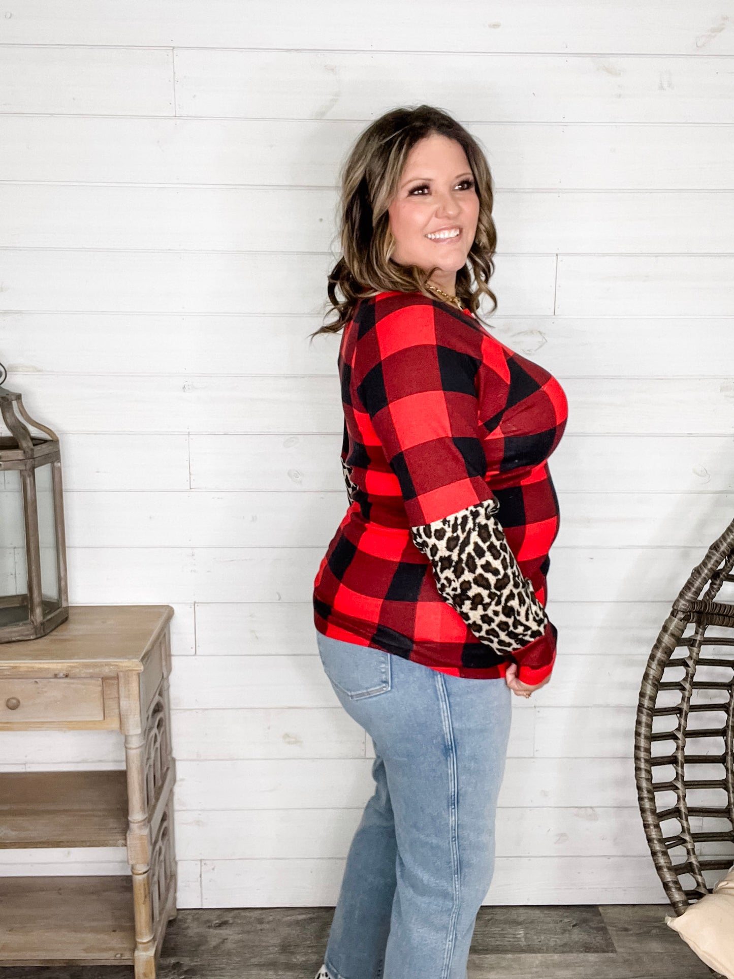 "Bianca" Long Sleeve Buffalo Plaid with Animal Accent Pocket and Sleeve