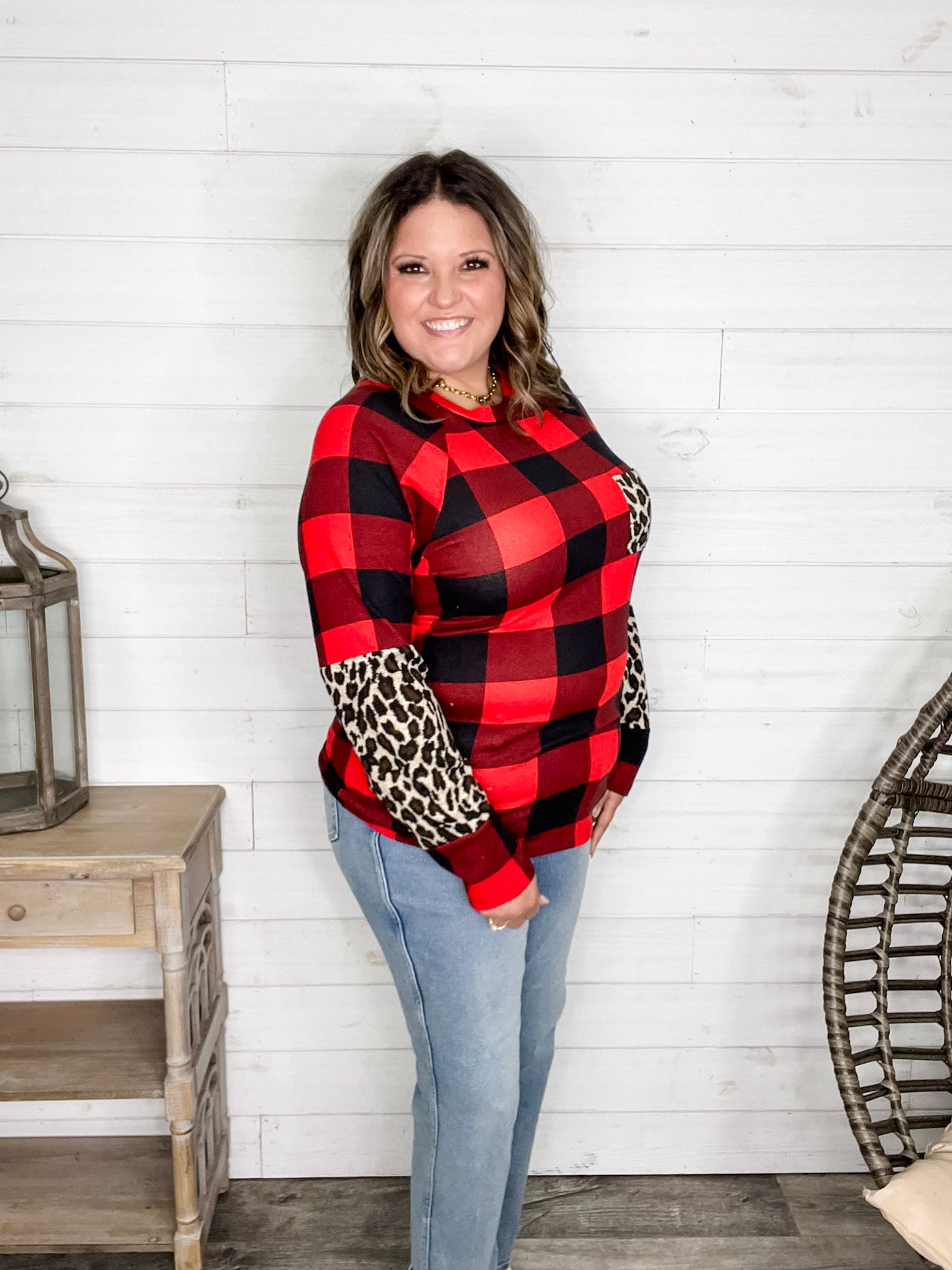 "Bianca" Long Sleeve Buffalo Plaid with Animal Accent Pocket and Sleeve